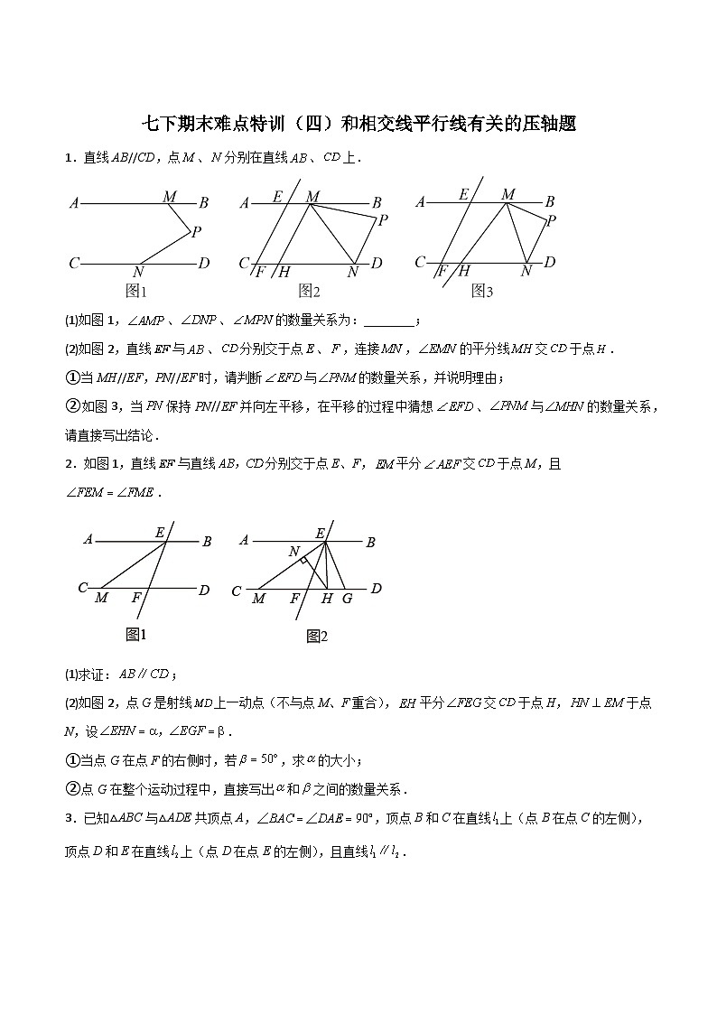 人教版七年级数学下册常考提分精练期末难点特训(四)和相交线平行线有关的压轴题(原卷版+解析)01