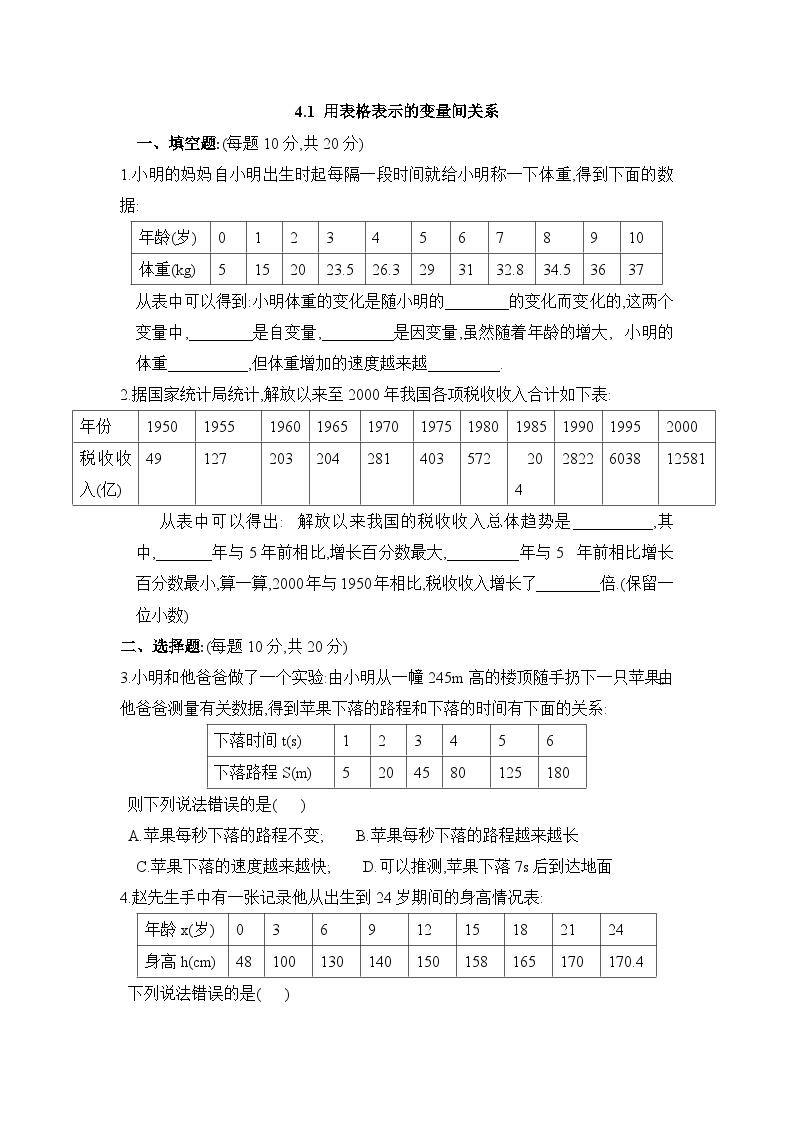 初中1 用表格表示的变量间关系表格课时练习