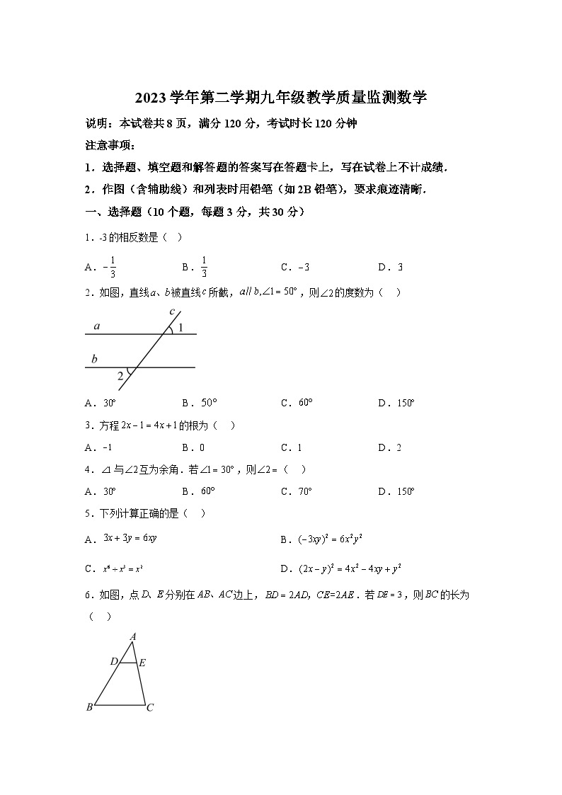 2024年广东省佛山市顺德区中考一模数学试题（含解析）01