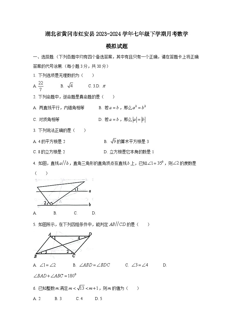 湖北省黄冈市红安县2023-2024学年七年级下册月考数学模拟试卷(附答案)01