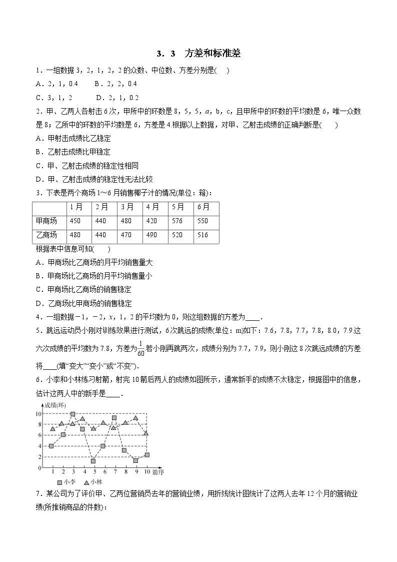 初中数学浙教版八年级下册3.3 方差和标准差精练