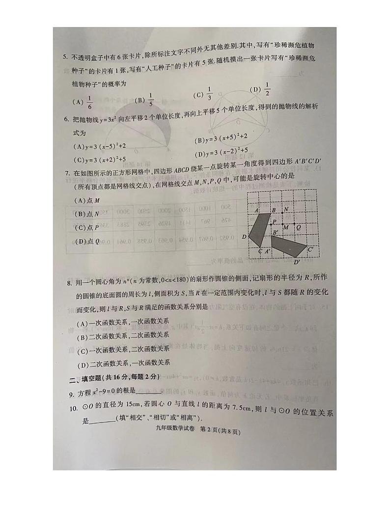 北京市朝阳区2023~2024学年上学期九年级期末数学试卷第2页