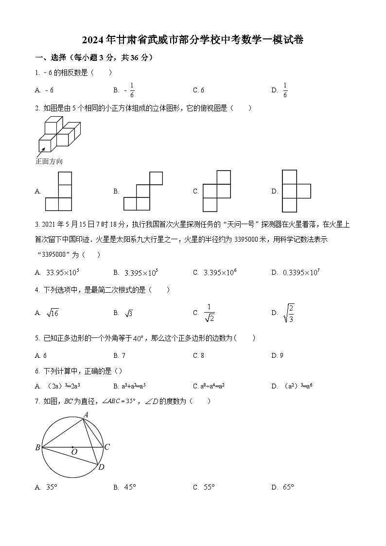 2024年甘肃省武威市部分学校中考数学一模试题(原卷版)第1页