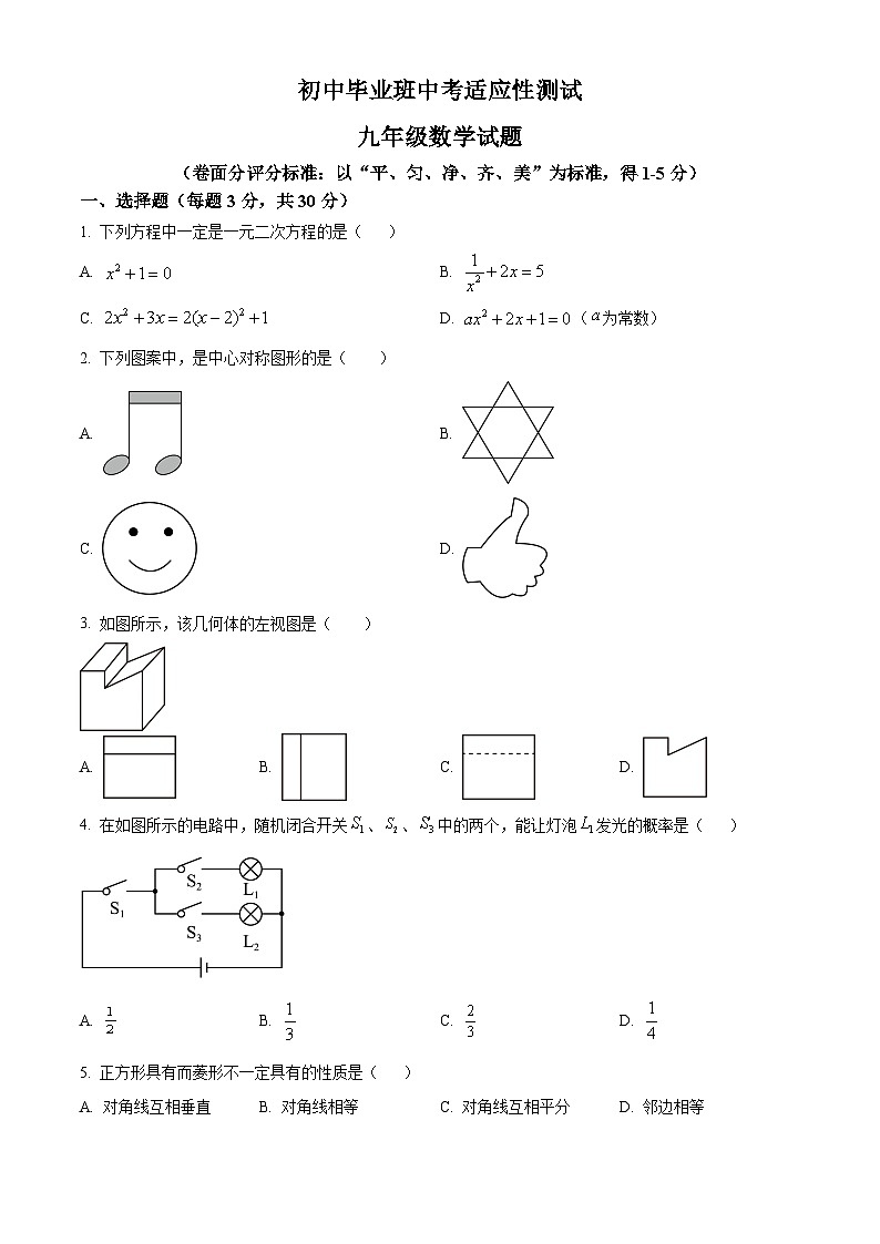 2024年河南省安阳市林州市九年级适应性考试数学模拟试题(原卷版)第1页