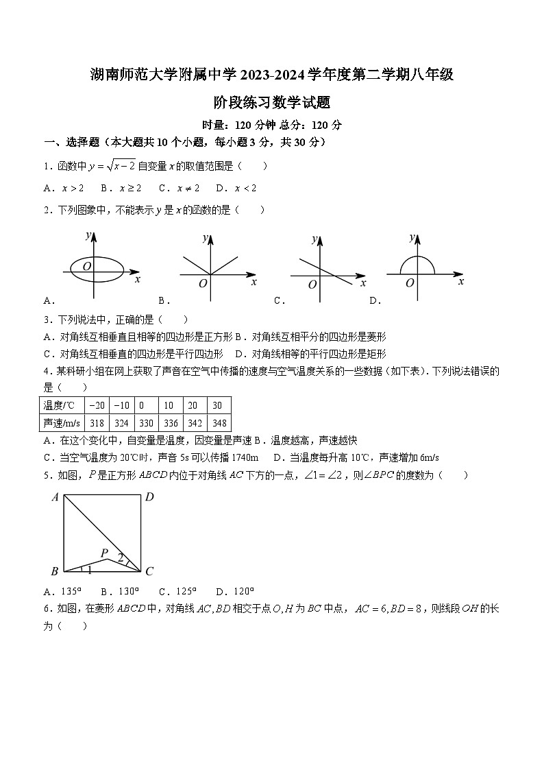 湖南省长沙市湖南师范大学附属中学2023-2024学年八年级下学期第一次月考数学试题(无答案)01