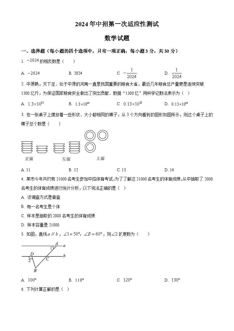 2024年河南省南阳市桐柏县中考一模数学模拟试题(原卷版)第1页