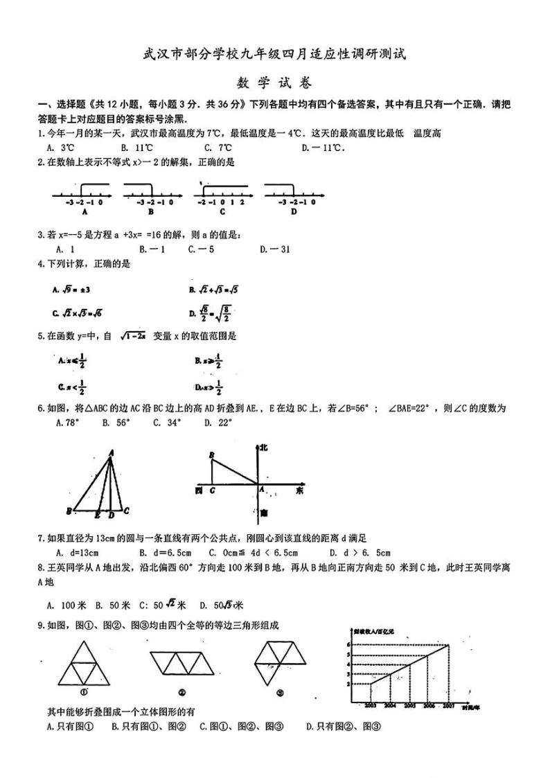 2024年湖北省武汉市部分学校九年级适应性调研测试二模数学题01