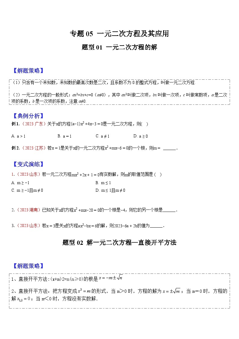 2024年中考数学三轮冲刺热门考点归纳：专题05 一元二次方程及其应用 （原卷版+解析版）01