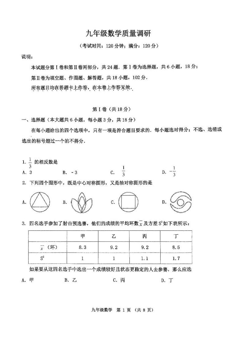 2024年山东省青岛市市北区九年级数学一模试题01