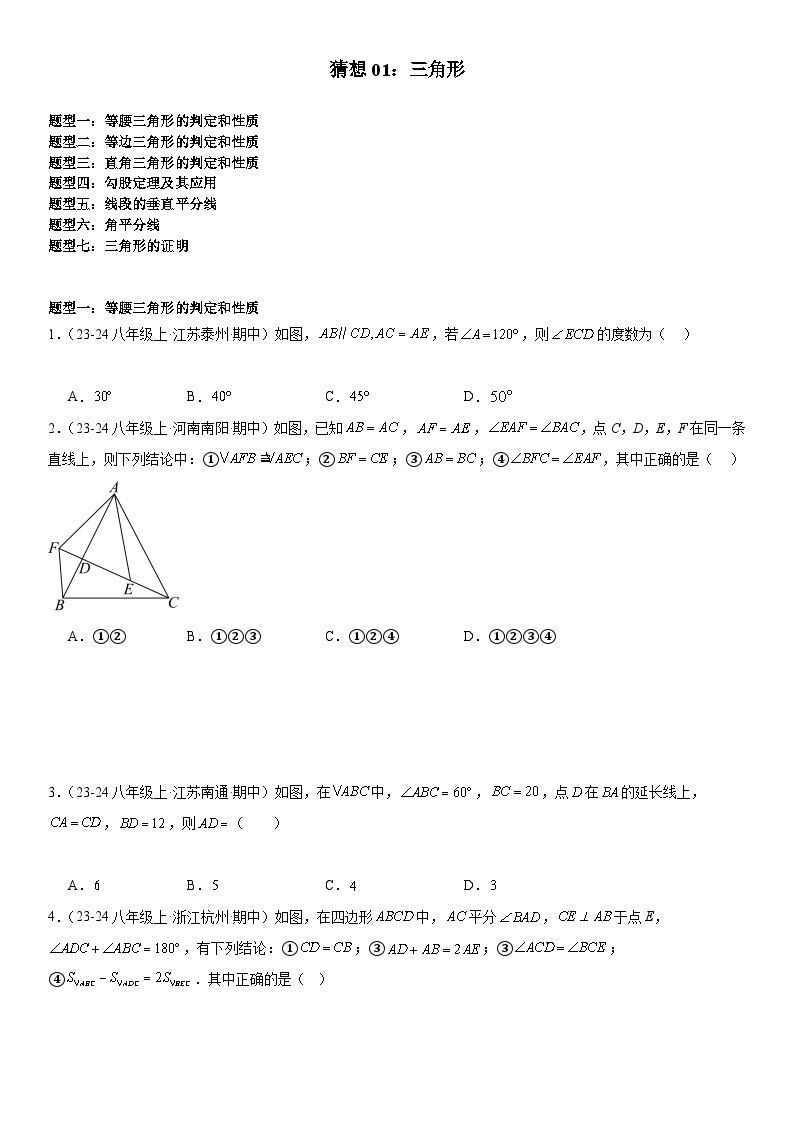 【期中讲练测】北师大版八年级下册数学猜想01 三角形 （考点专练）.zip