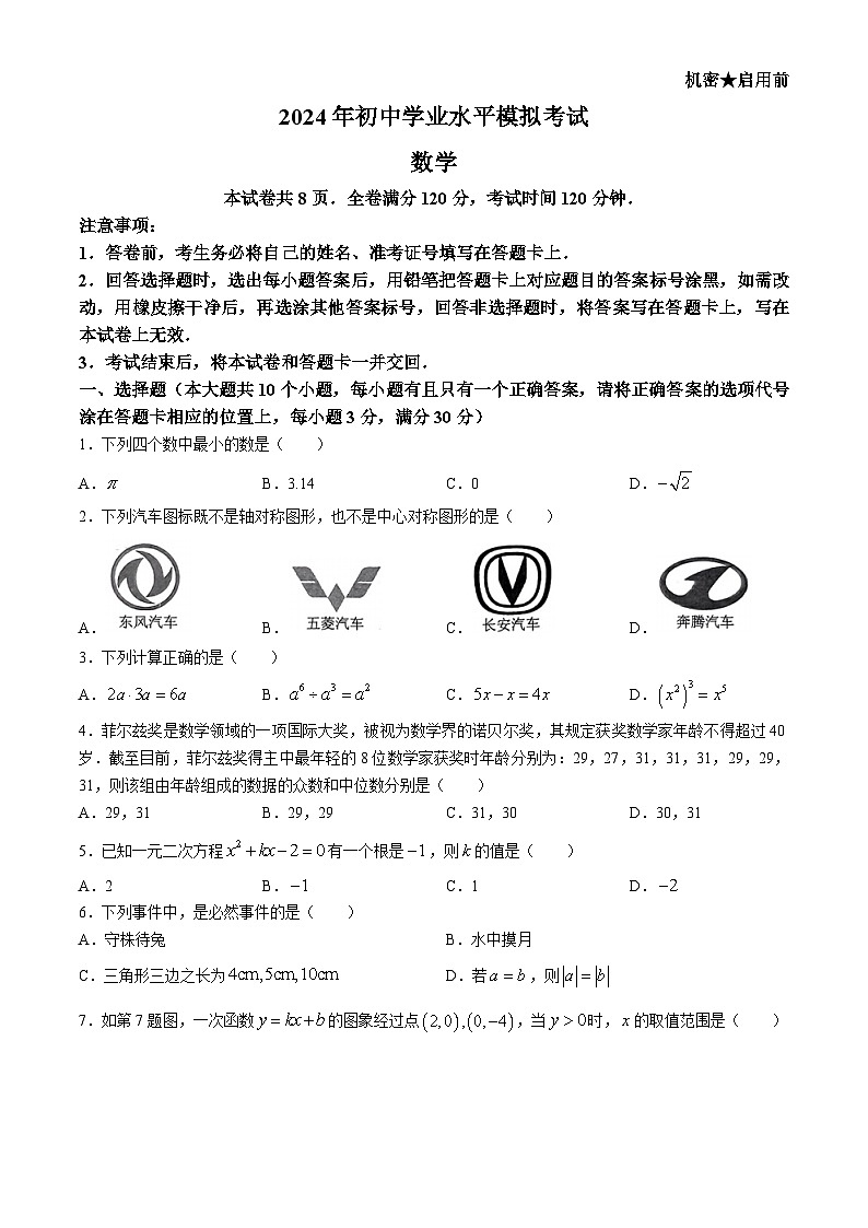 2024年湖南省湘潭市中考一模数学试题第1页