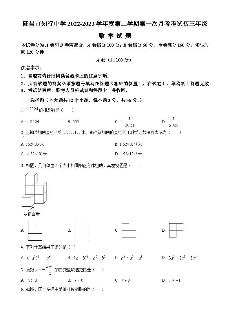 四川省内江市隆昌市知行中学2023-2024学年九年级下学期第一次月考数学试题(原卷版)第1页