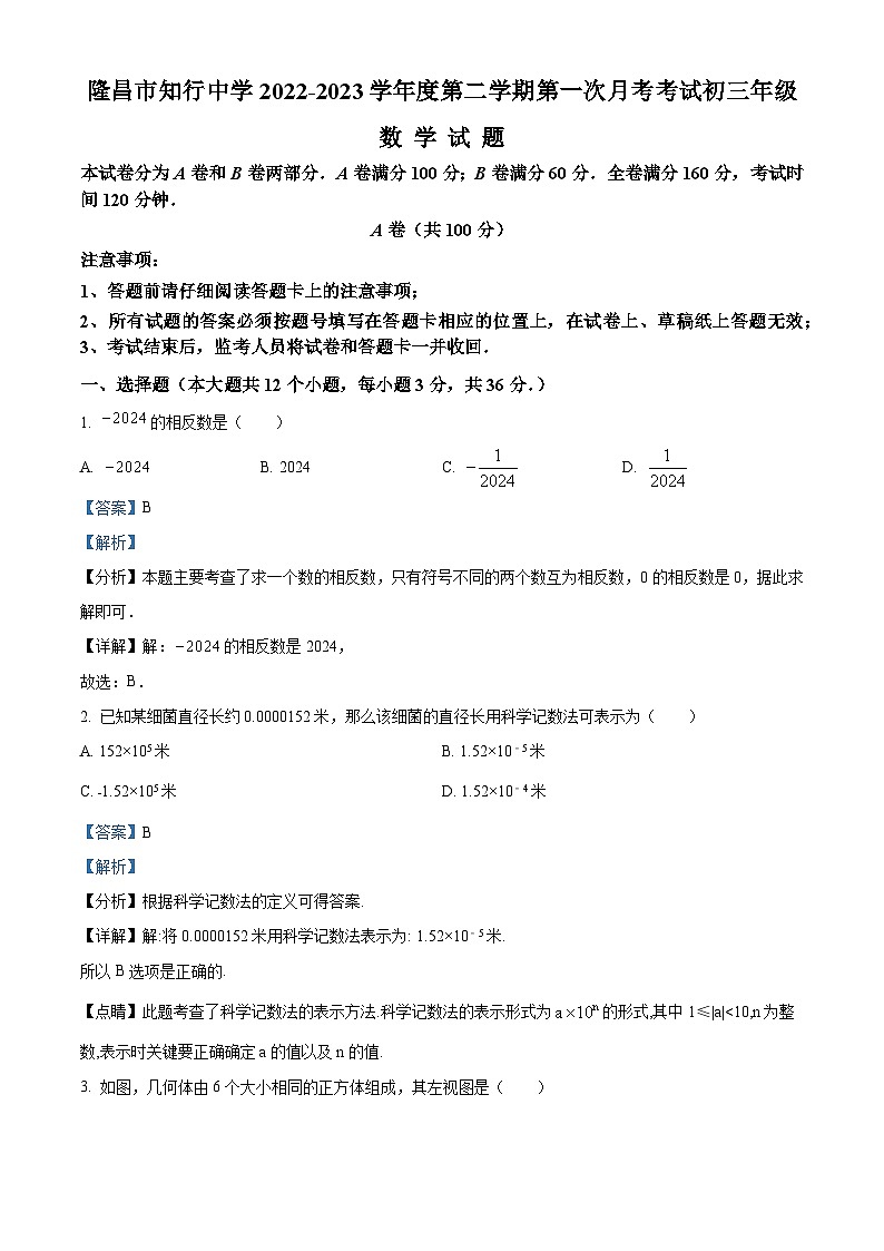 四川省内江市隆昌市知行中学2023-2024学年九年级下学期第一次月考数学试题(解析版)第1页
