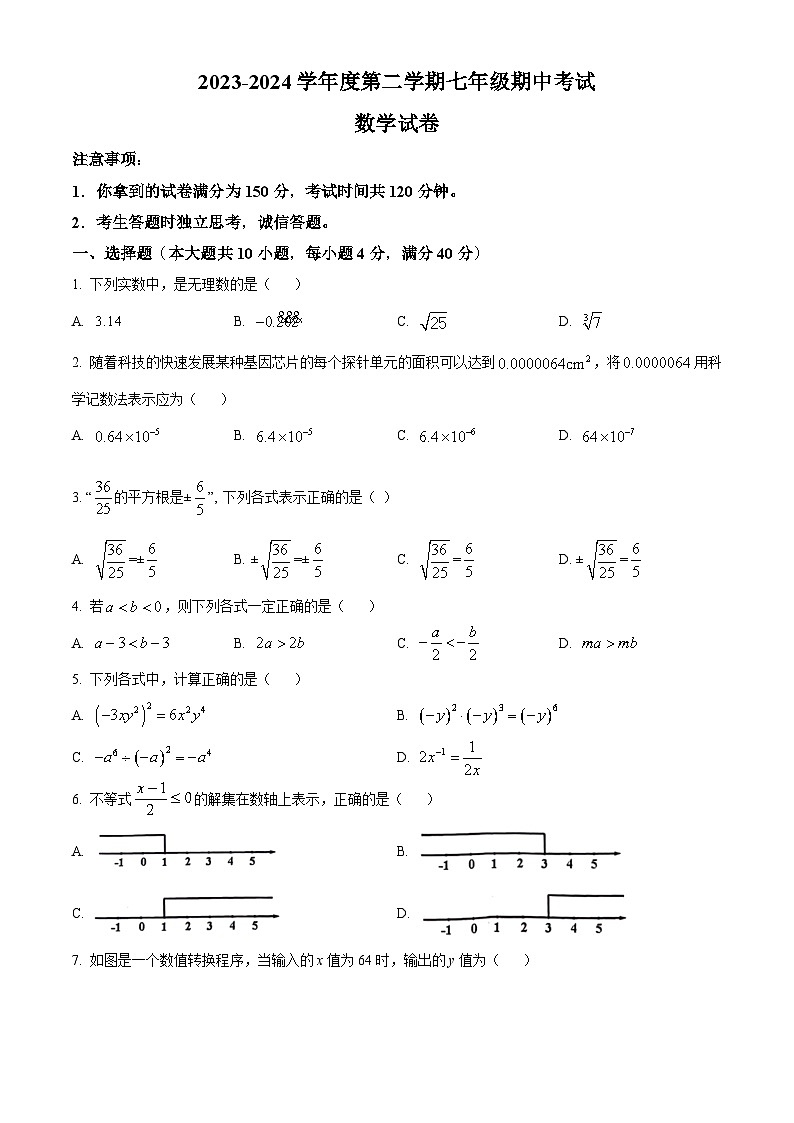 安徽省合肥市部分学校2023-2024学年七年级下学期期中数学试题(原卷版)第1页