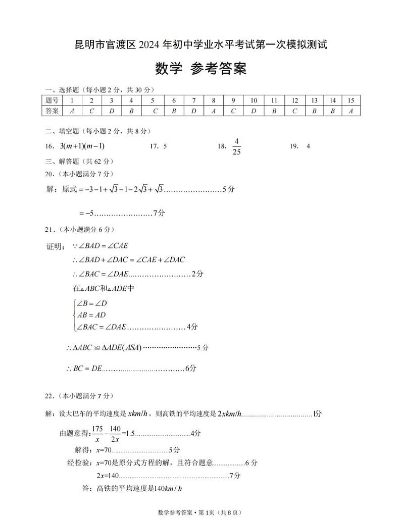 云南省昆明市官渡区2024年初中学业水平第一次模拟测试数学试题卷01