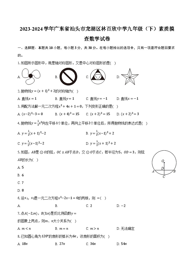 2023-2024学年广东省汕头市龙湖区林百欣中学九年级(下)素质摸查数学试卷(含解析)第1页