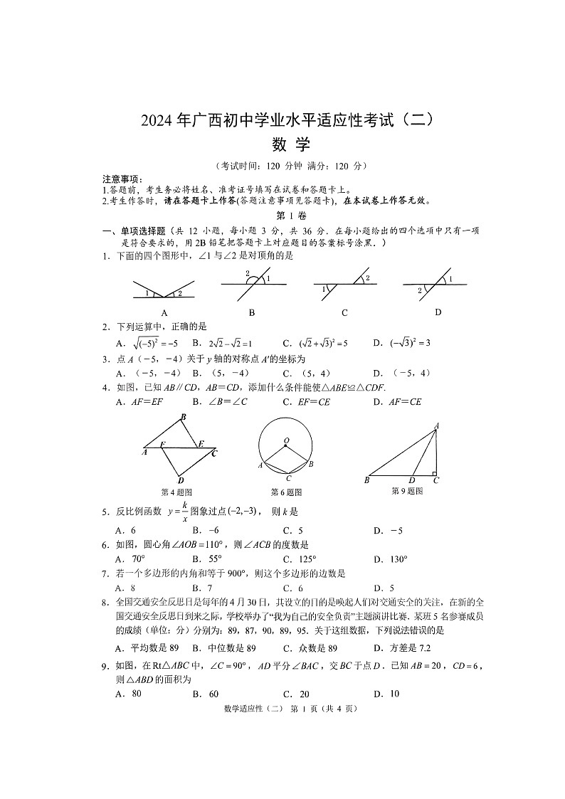 2024年广西壮族自治区百色市田阳区中考一模数学试题第1页