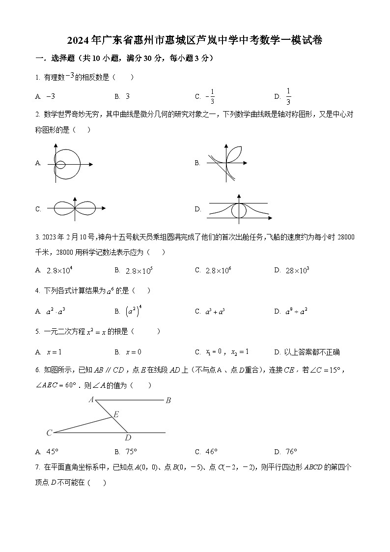 2024年广东省惠州市惠城区芦岚中学中考一模数学试题(原卷版)第1页