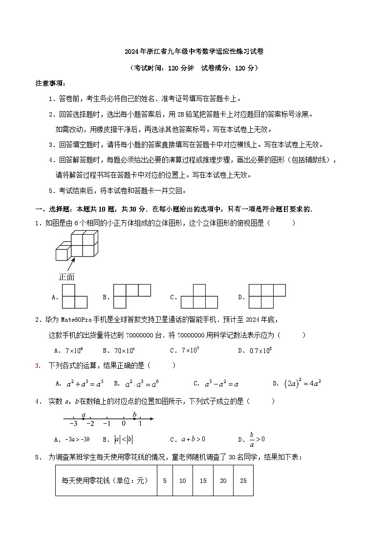 2024年浙江省九年级中考数学适应性练习试卷第1页