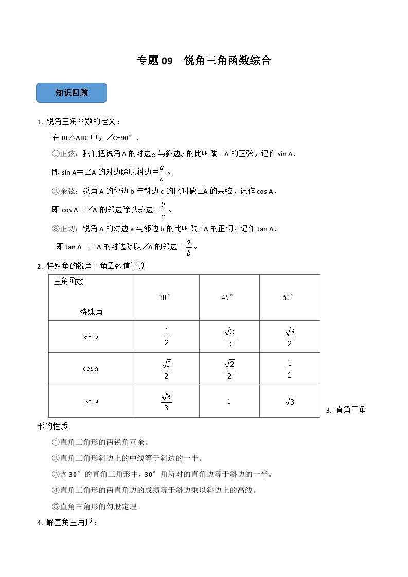 2024年中考数学必考考点专题07 锐角三角函数综合篇（原卷版）