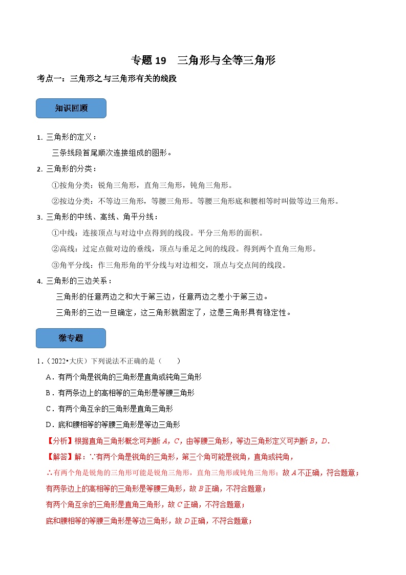 2024年中考数学必考考点专题19 三角形与全等三角形篇（解析版）