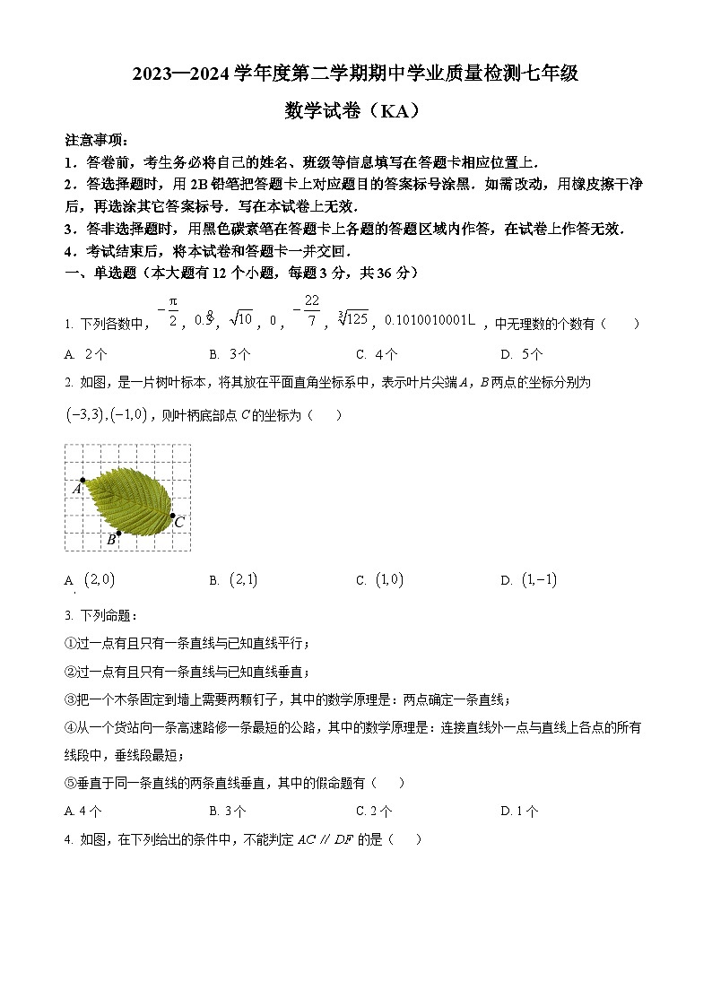 河北省石家庄市赵县2023-2024学年七年级下学期期中数学试题(原卷版+解析版)01