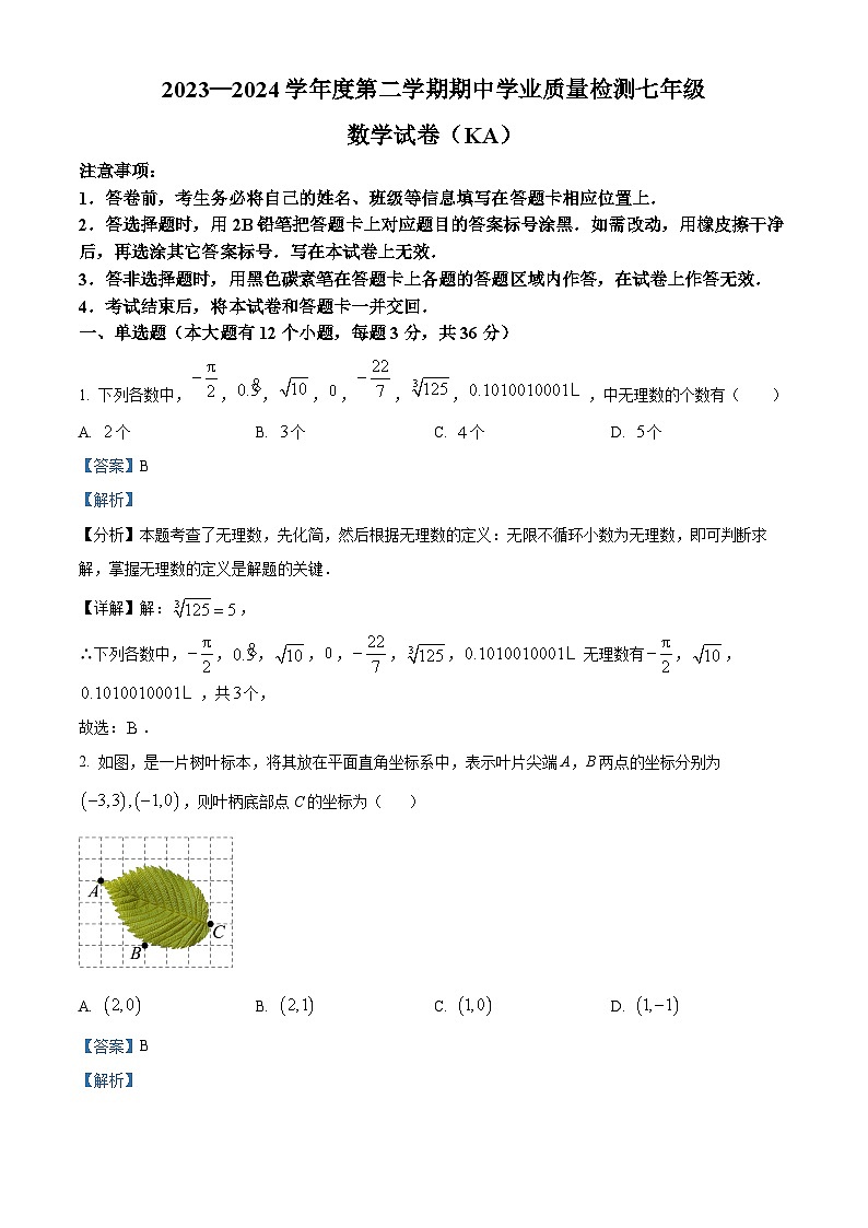 河北省石家庄市赵县2023-2024学年七年级下学期期中数学试题(原卷版+解析版)01