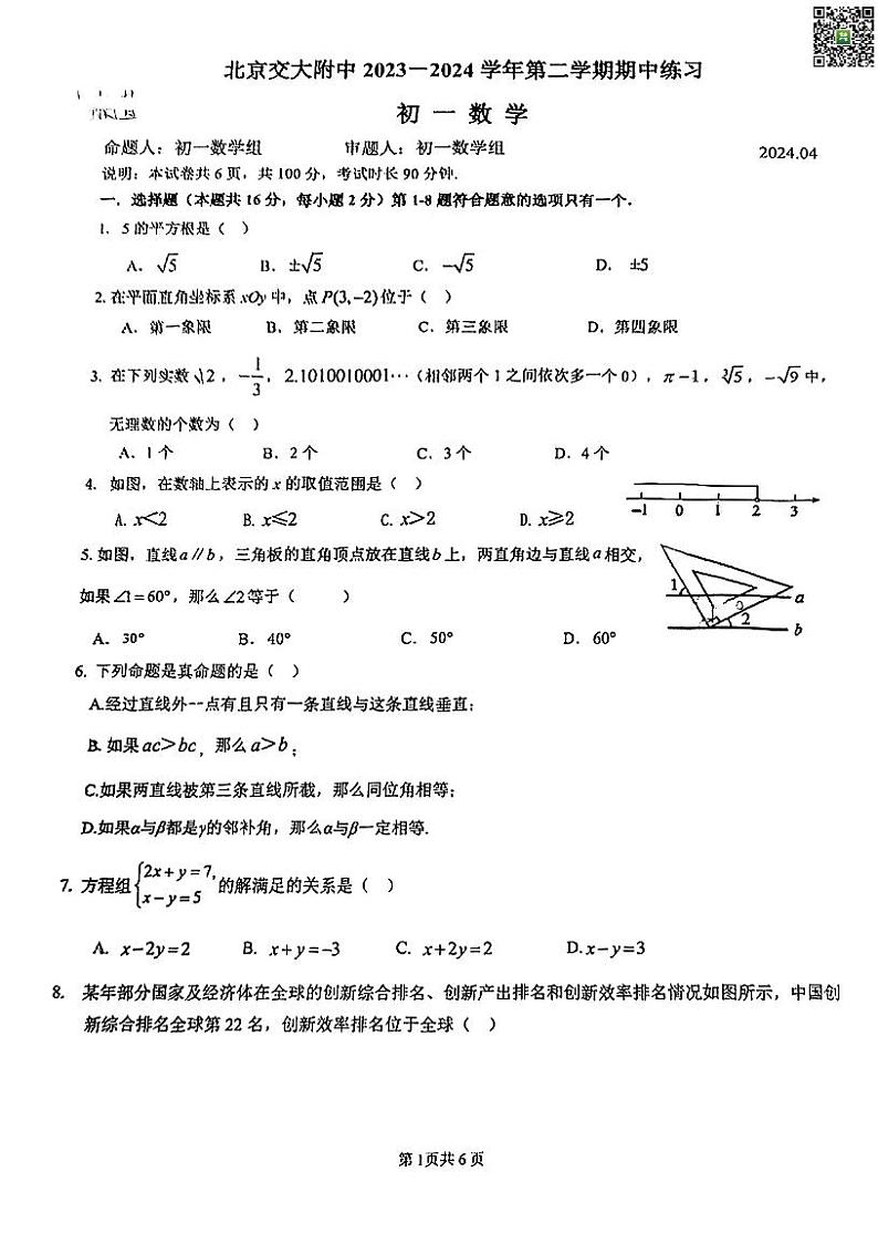 2024 北京交大附初一下学期期中数学试卷第1页