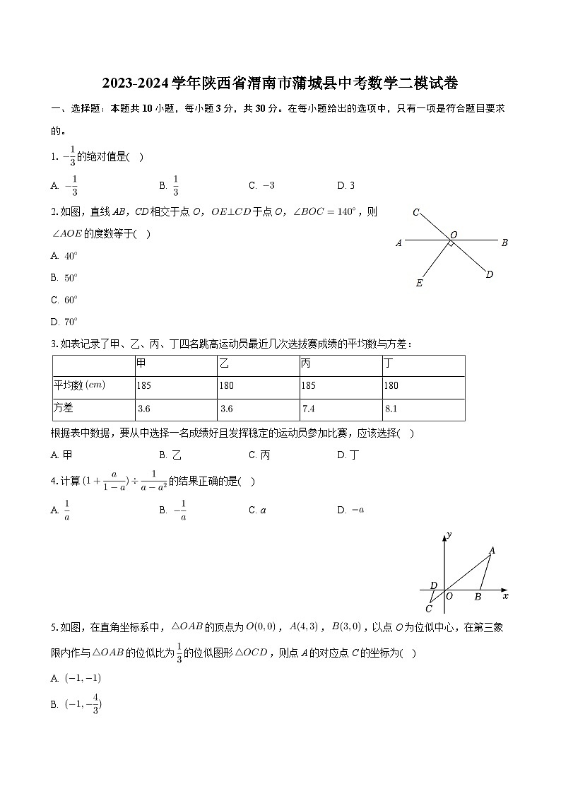 2024年陕西省渭南市蒲城县九年级中考数学二模试卷第1页