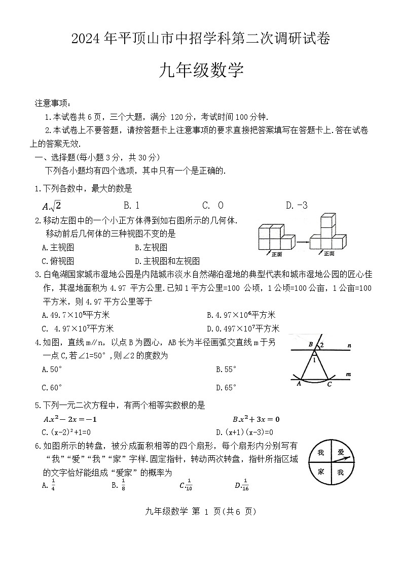 2024年河南省平顶山市中考二模数学试题01