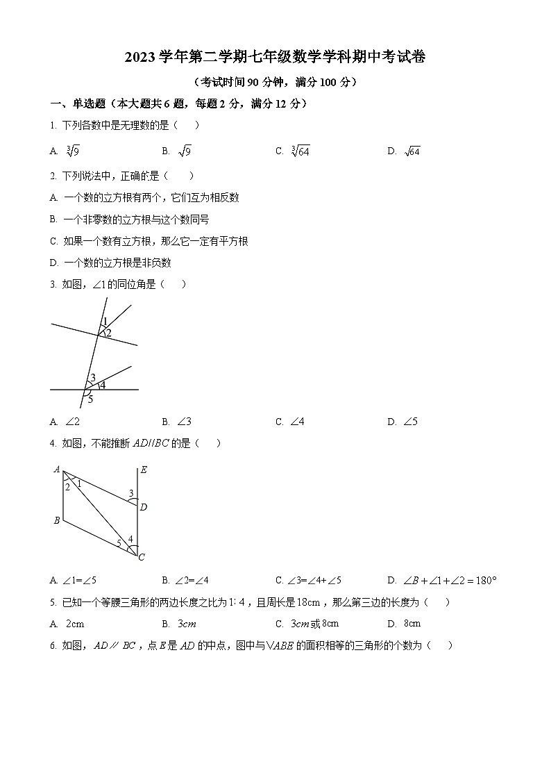 上海市普陀区2023-2024学年七年级下学期期中数学试题(原卷版+解析版)01