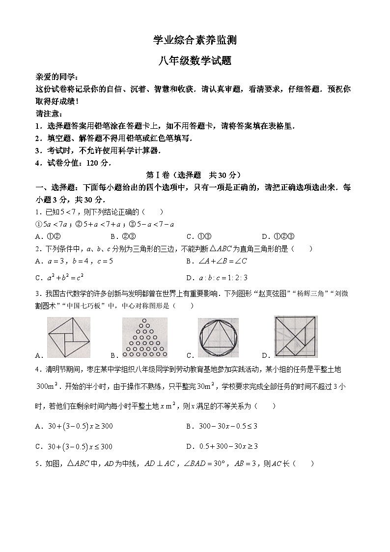 山东省枣庄市薛城区2023-2024学年八年级下学期期中数学试题第1页