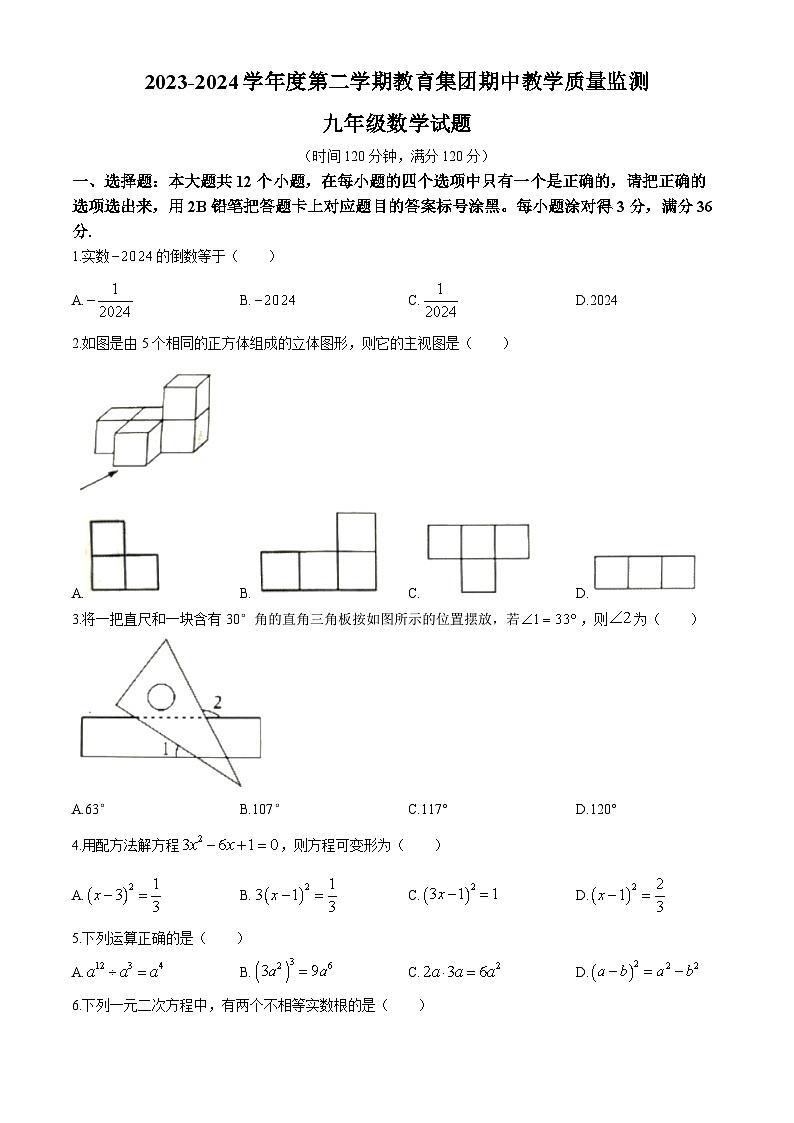 2024年山东省滨州市滨城区高新八校联考九年级中考一模数学试题01
