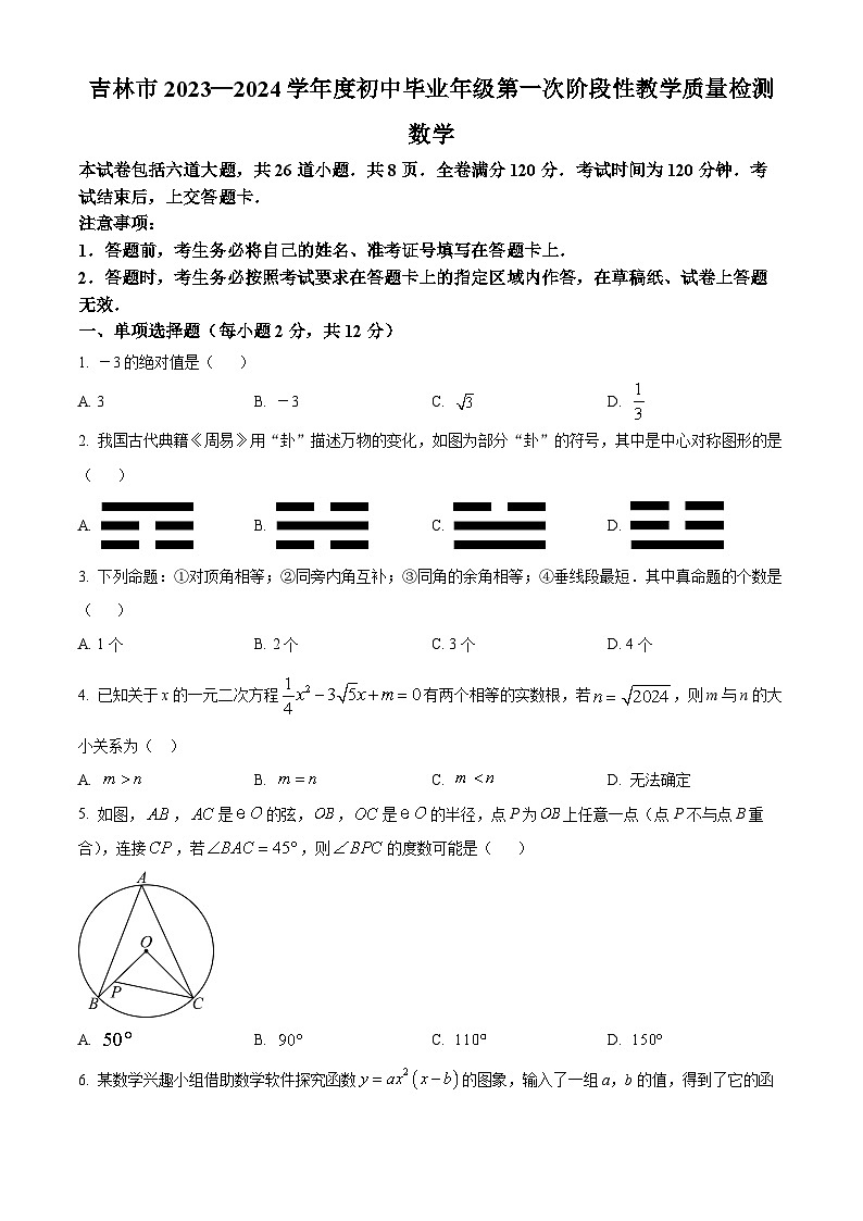 2024年吉林省吉林市中考一模数学试题(原卷版)第1页