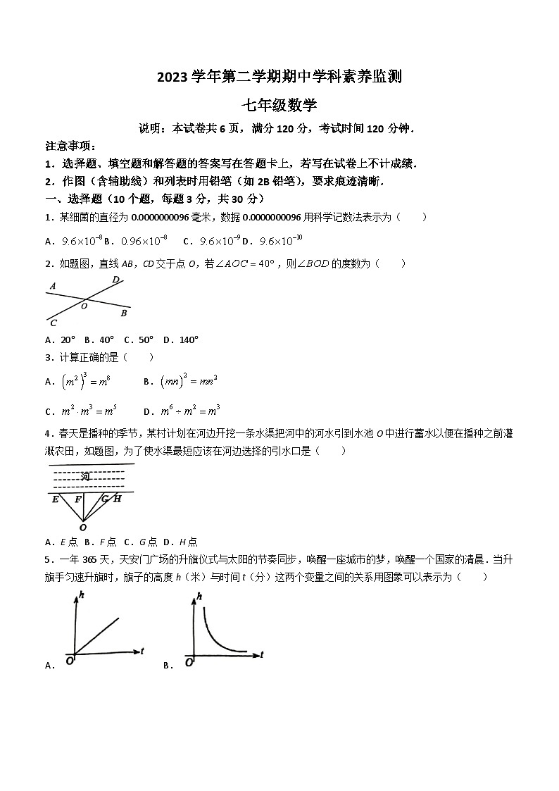 广东省佛山市顺德区梁开初级中学2023-2024学年七年级下学期期中数学试题(无答案)第1页