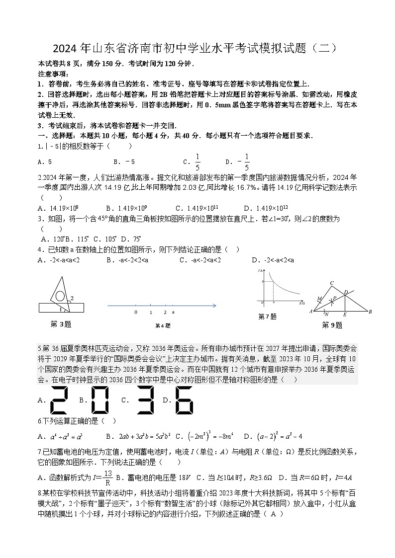 2024年山東省濟(jì)南市初中學(xué)業(yè)水平考試數(shù)學(xué)模擬試題（二）+第1頁(yè)
