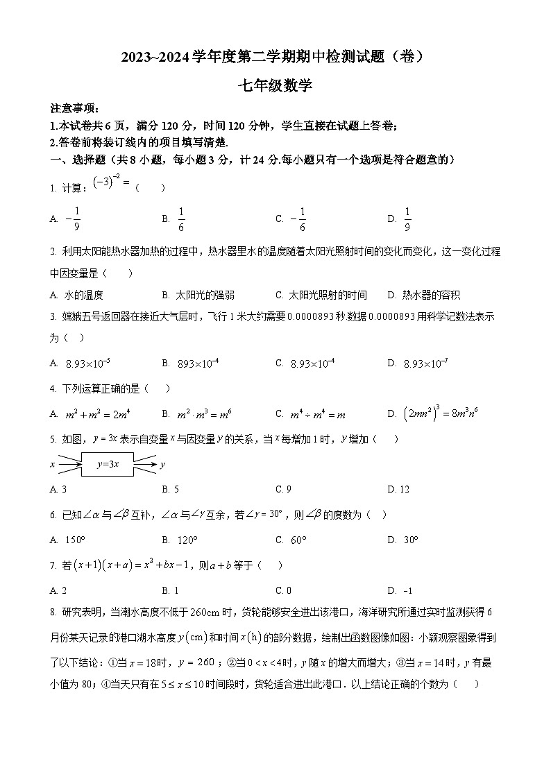 陕西省陕西学林2023-2024学年七年级下学期期中数学试题(原卷版)第1页