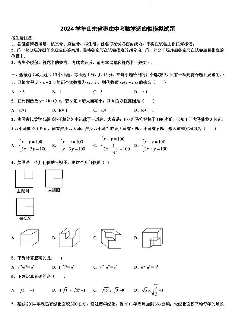 2024年山东省枣庄市中考数学适应性模拟试题及答案第1页