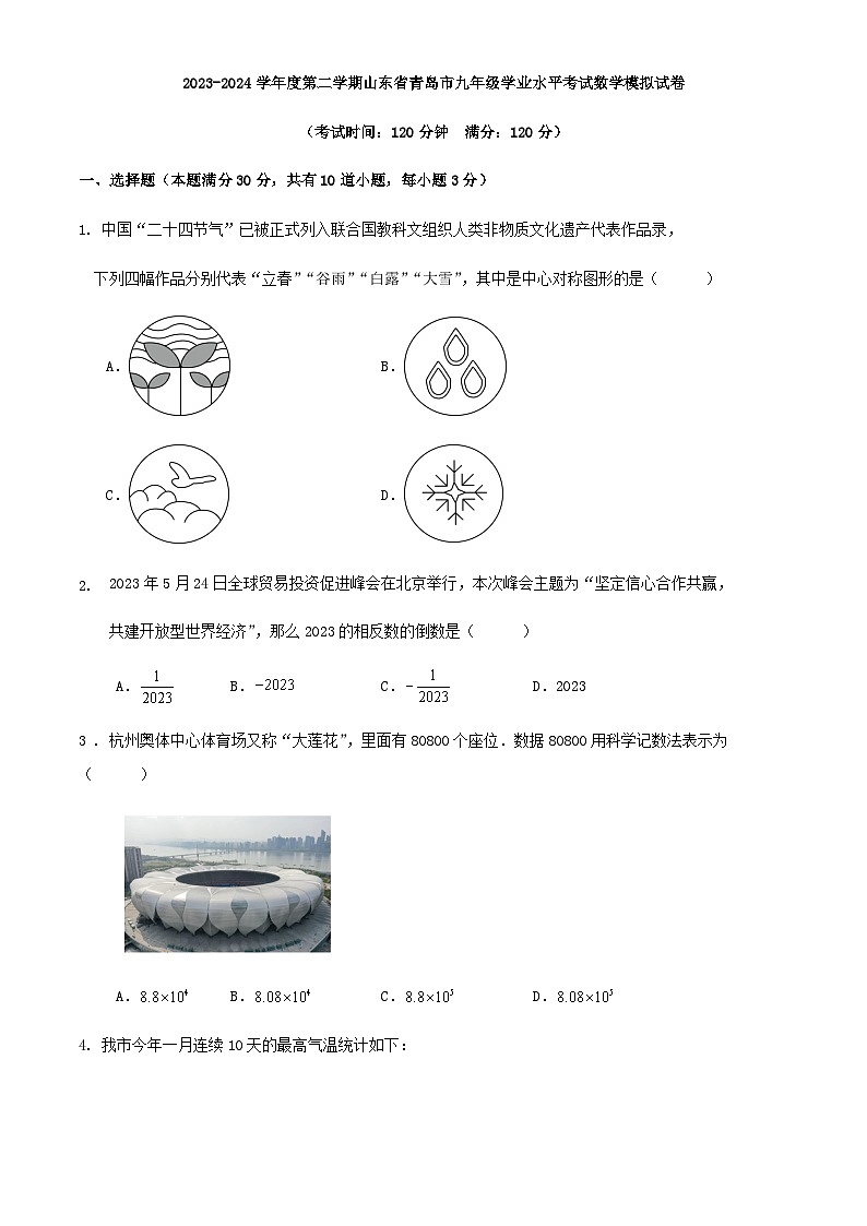 2023-2024学年度第二学期山东省青岛市九年级学业水平考试数学模拟试卷第1页