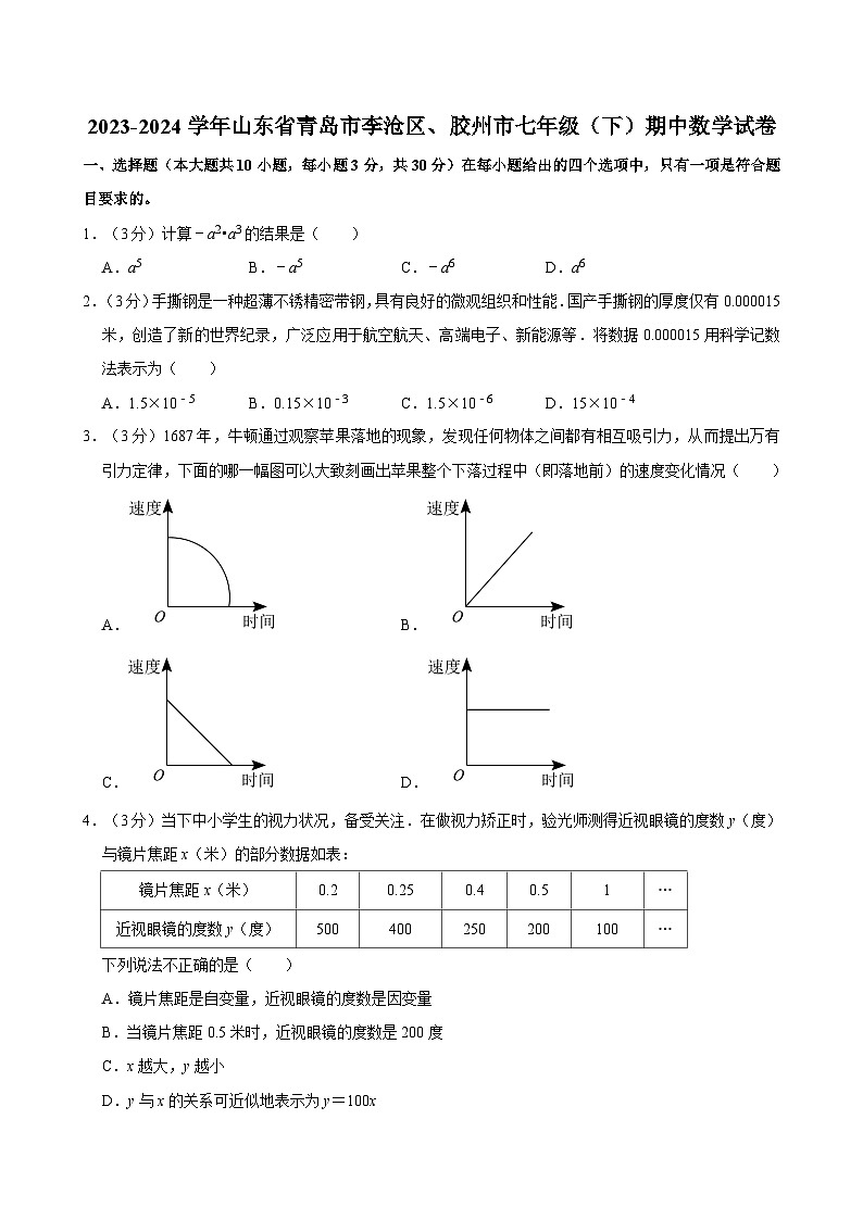 2023-2024学年山东省青岛市李沧区、胶州市七年级(下)期中数学试卷(含解析)01