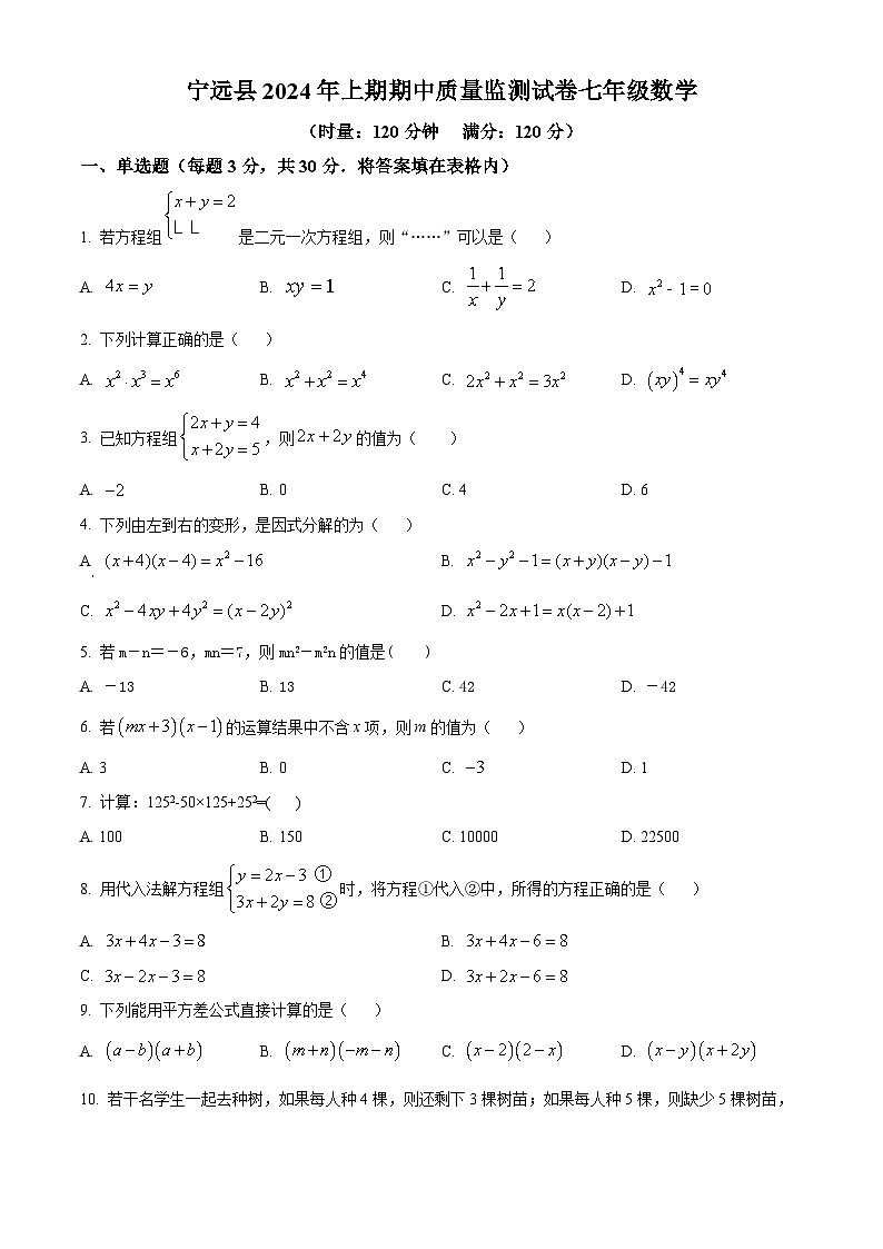 湖南省永州市宁远县2023-2024学年七年级下学期期中数学试题(原卷版)第1页