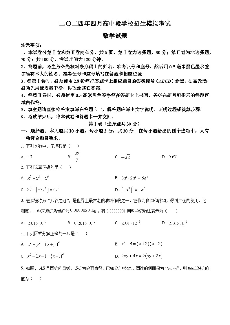 2024年山东省曲阜市中考一模考试数学试题(原卷版)第1页