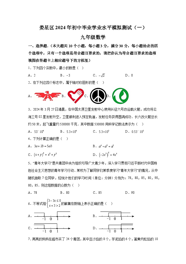 2024年湖南省娄底市娄星区中考一模数学试题(含解析)第1页