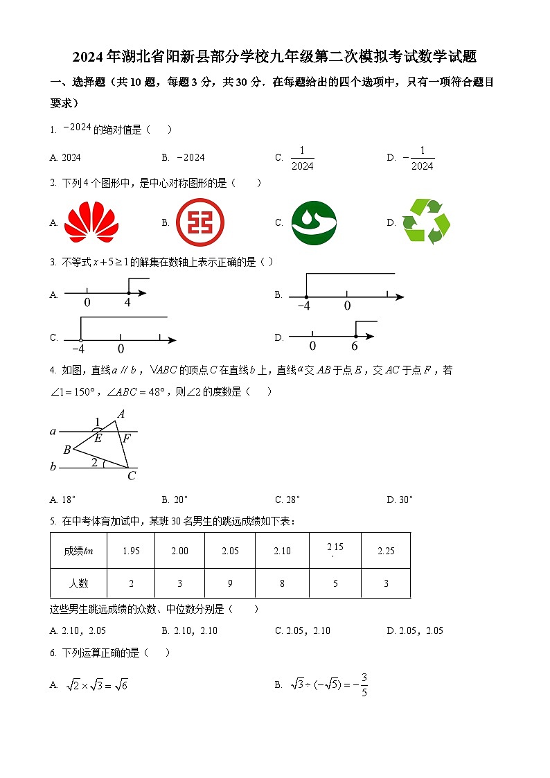 2024年湖北省黄石市阳新县部分学校中考二模数学试题(原卷版)第1页