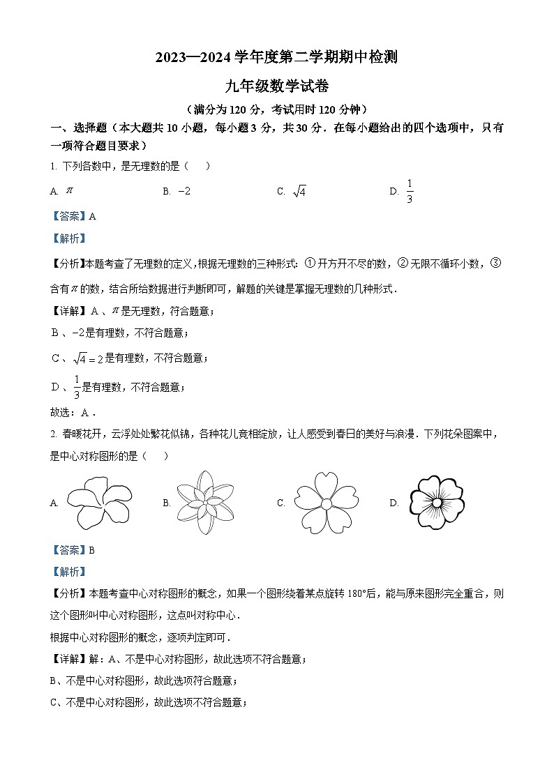 广东省云浮市罗定市2023-2024学年九年级下学期期中数学试题(解析版)第1页
