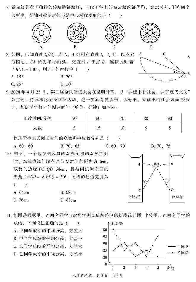 2024年云南省昆明市中考二模数学试题第2页