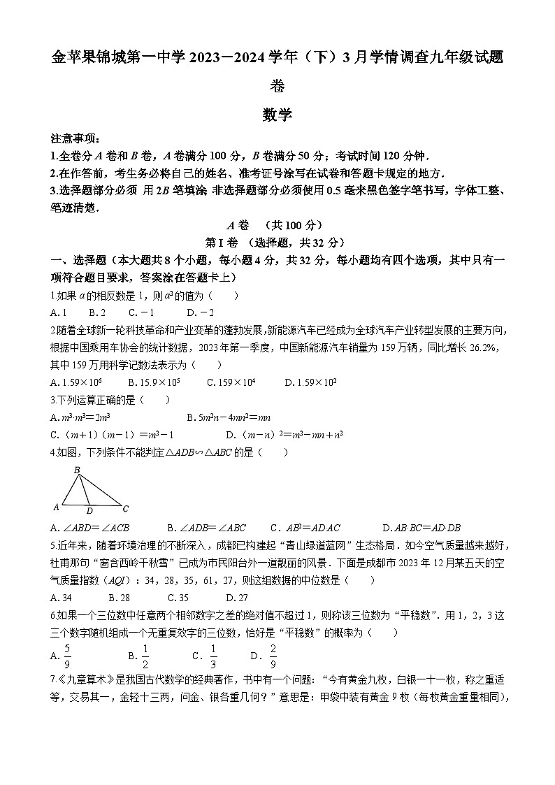 267,四川省成都市成都金苹果锦城第一中学2023-2024学年九年级下学期3月月考数学试题(无答案)第1页