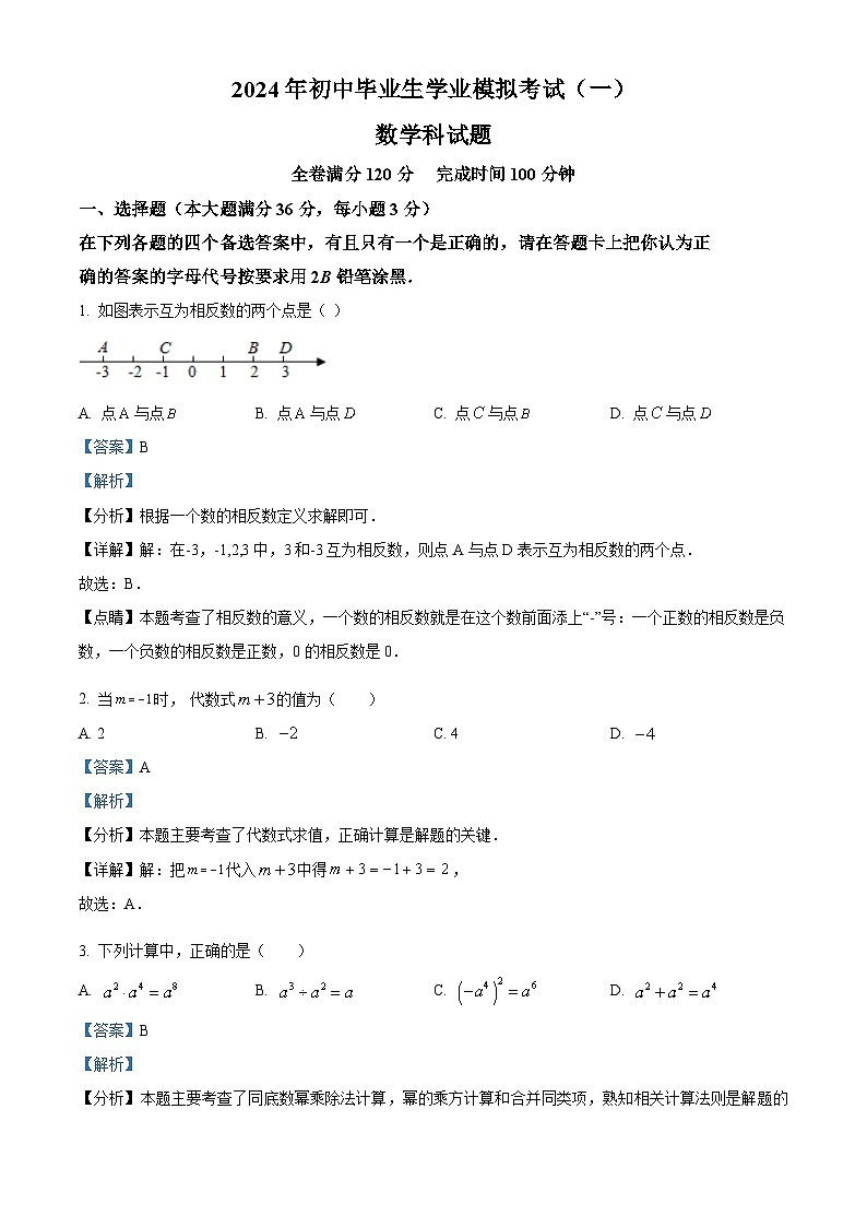 2024年海南省省直辖县级行政单位九年级中考一模数学试题(解析版)第1页