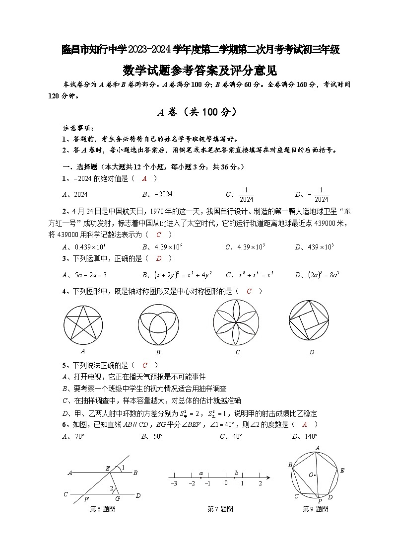 隆昌市知行中学2023—2024学年度第二学期第二次月考初三年级数学试题参考答案及评分意见第1页