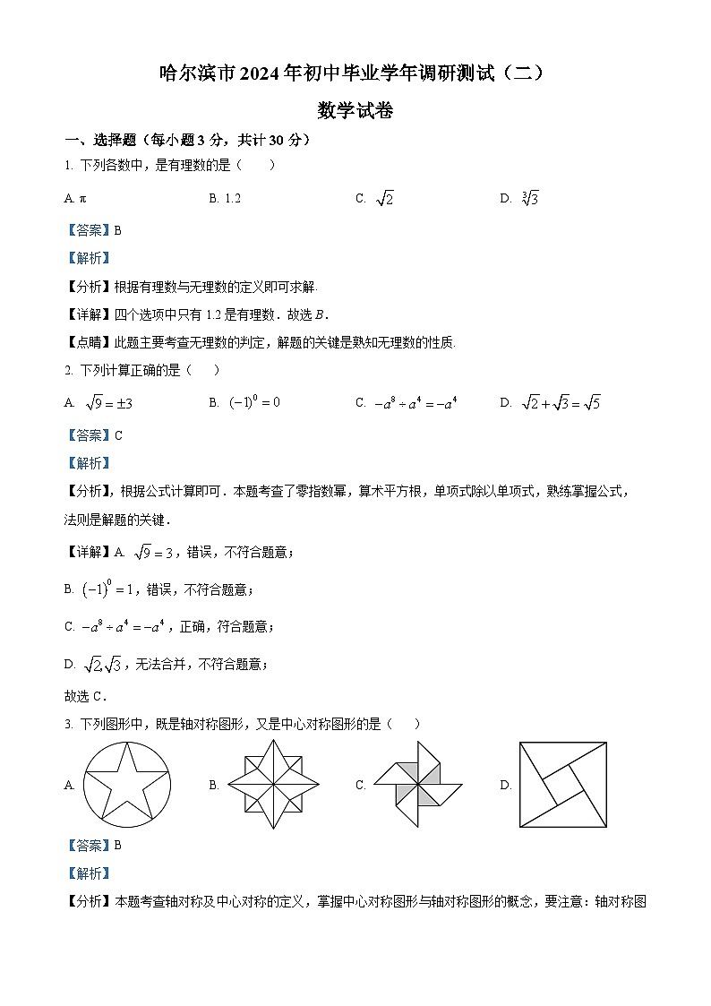 2024年黑龙江省阿城区中考二模数学试题(原卷版+解析版)01